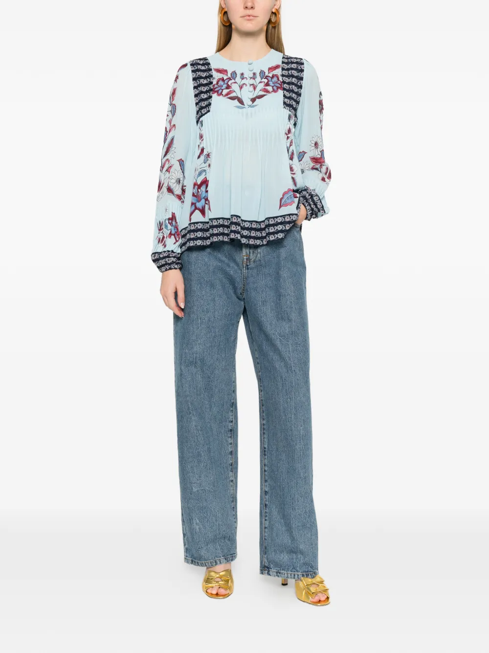 FARM Rio Marcelle floral-print pleated blouse - Blauw