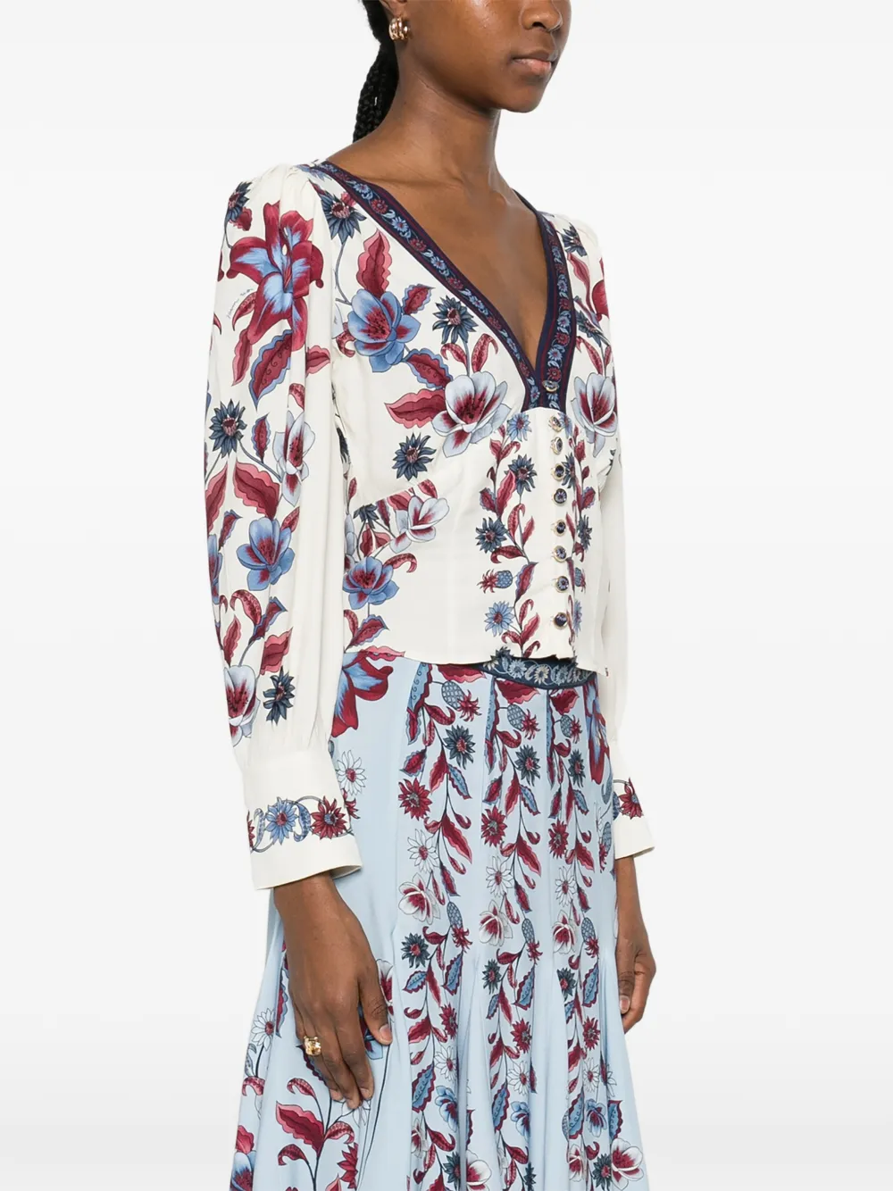  Farm Rio Floral-print V-neck Blouse - White 
