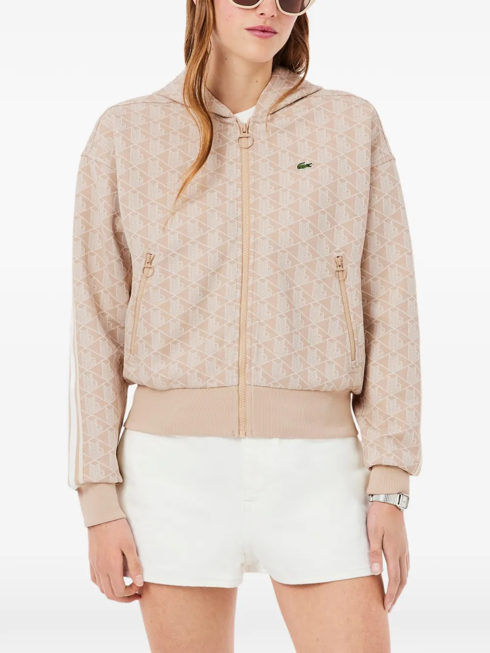  Lacoste Geometric-monogram Hoodie - Neutrals 