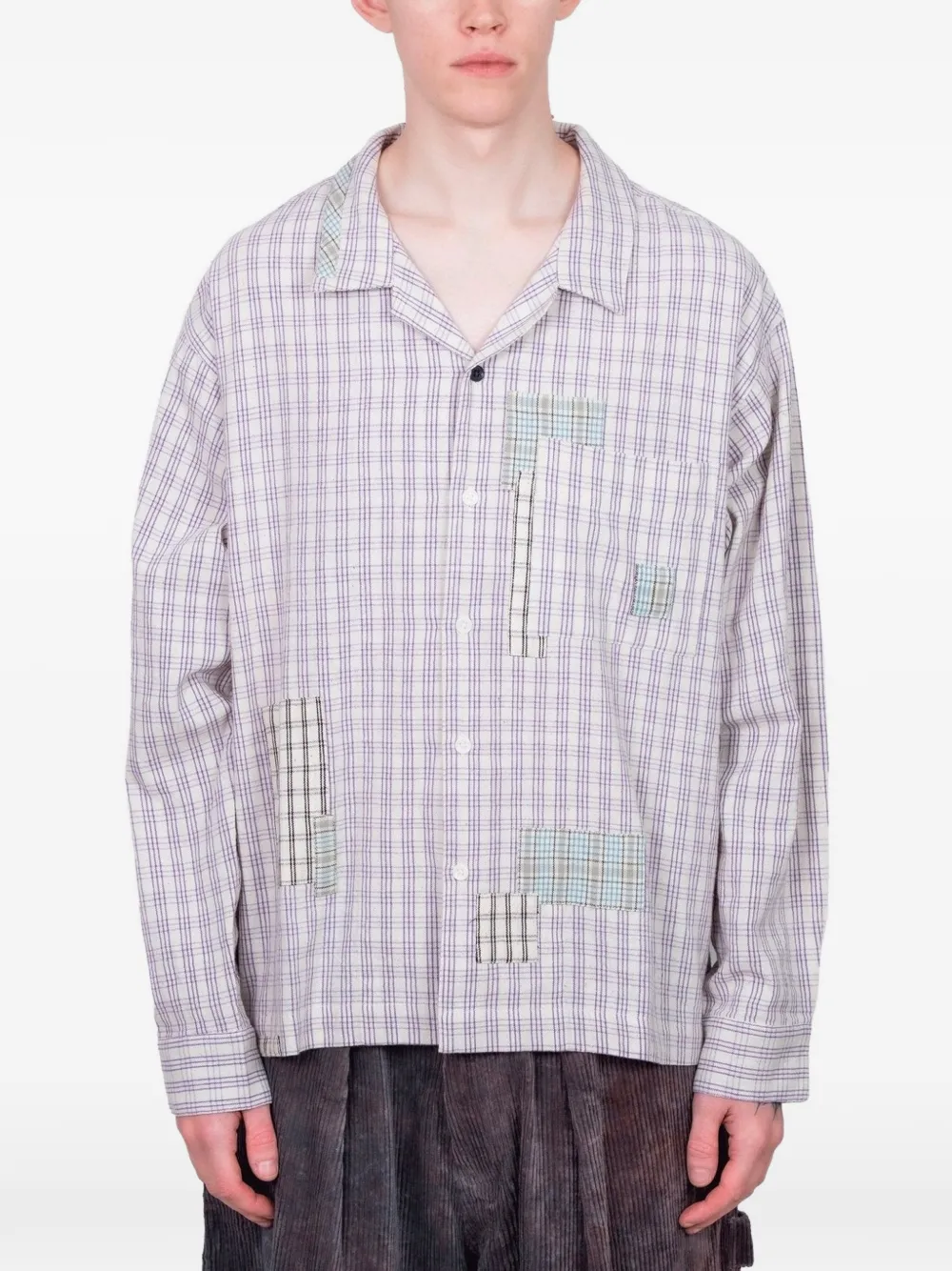 STORY mfg. Greetings check patchwork shirt | White | Image 1