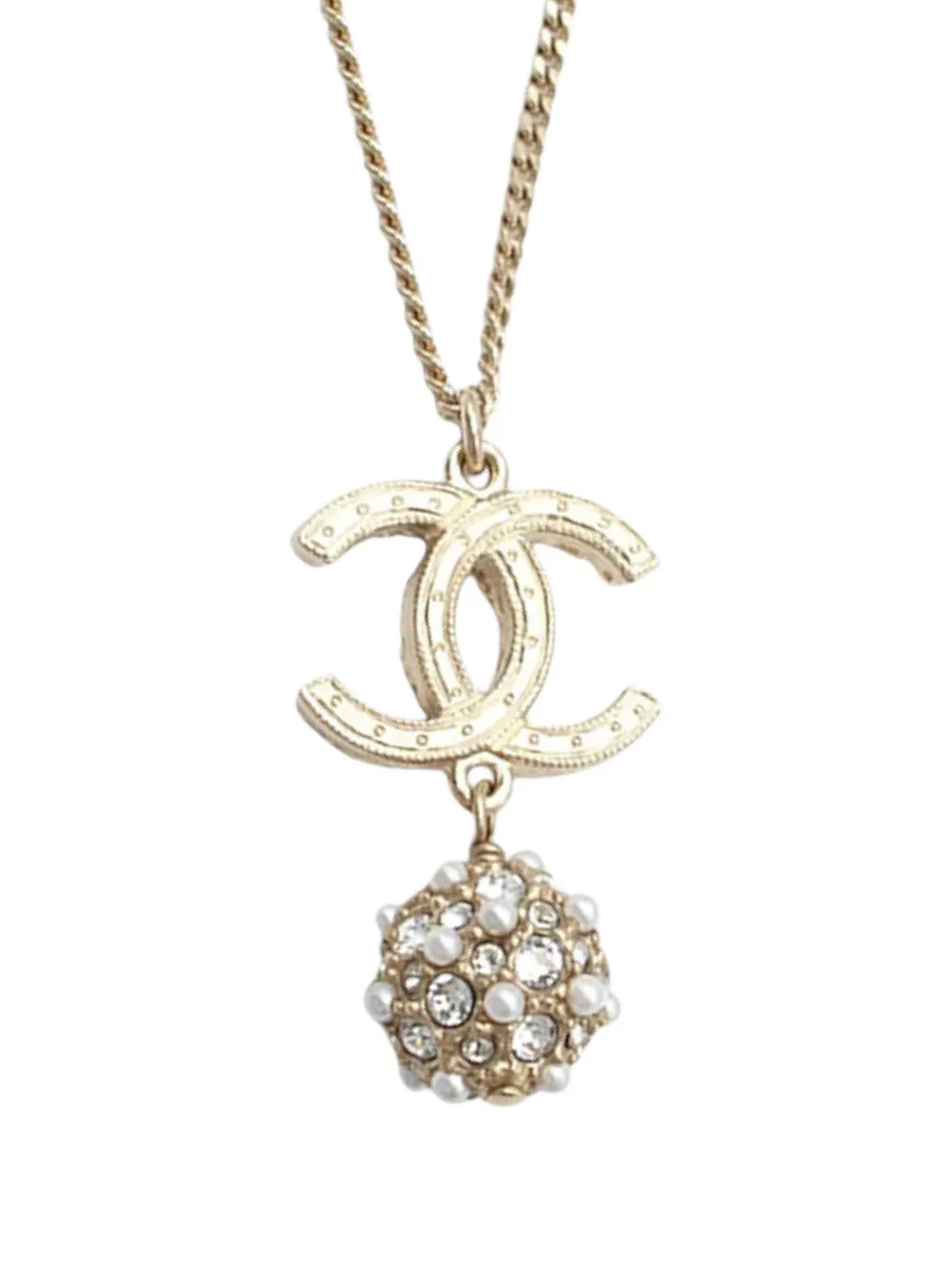 Pre-owned Chanel 2020 Gold Plated Cc Faux Pearl Rhinestone Ball Drop Pendant Necklace Costume Necklace