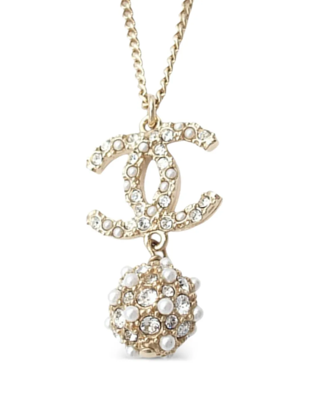 CHANEL Pre-Owned 2020 Gold Plated CC Faux Pearl Rhinestone Ball Drop Pendant Necklace costume necklace - Oro
