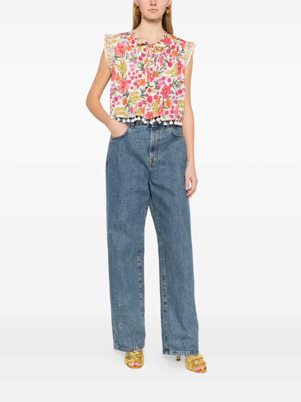  Farm Rio Floral Pom-pom Top - White 