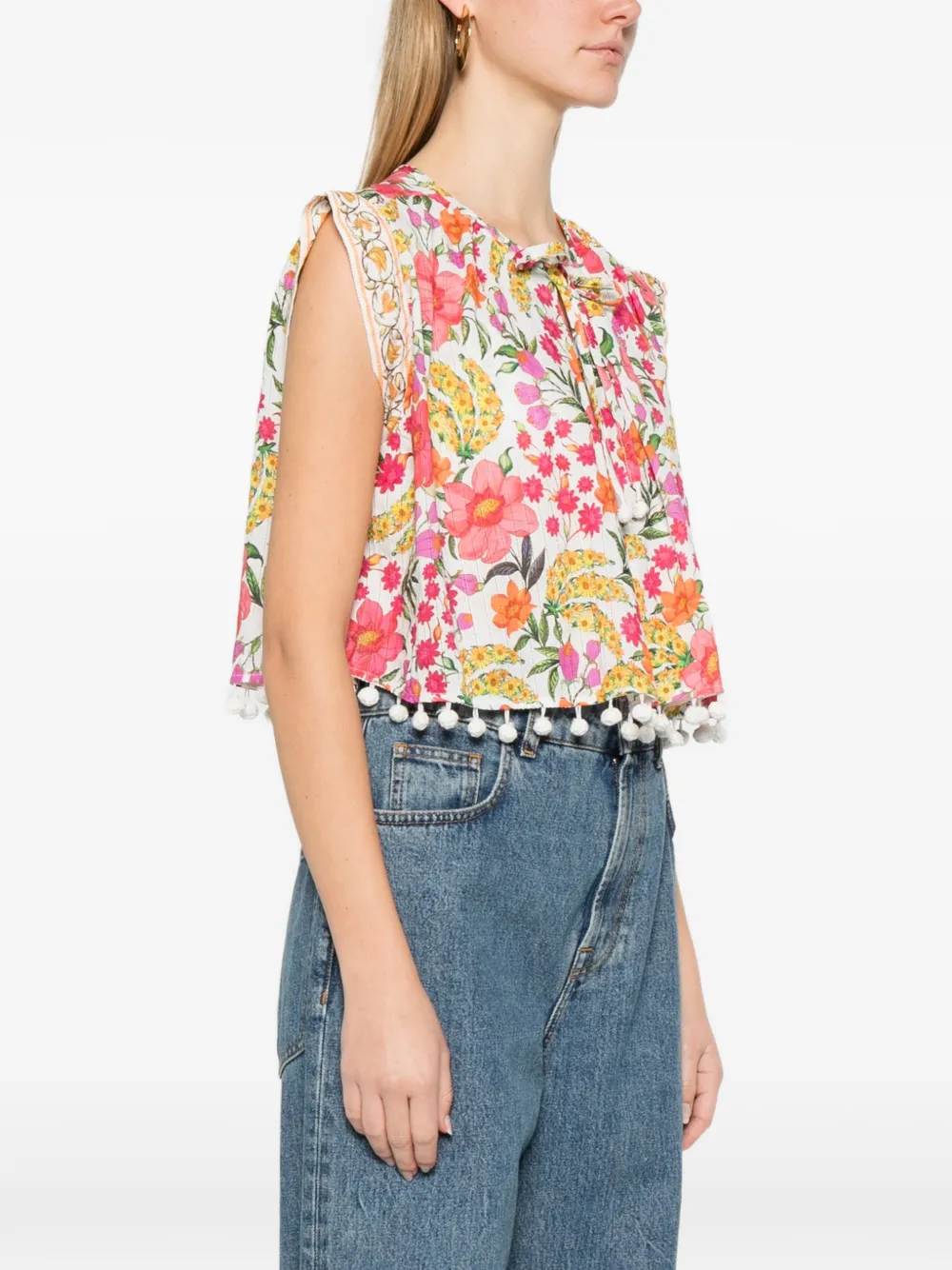  Farm Rio Floral Pom-pom Top - White 