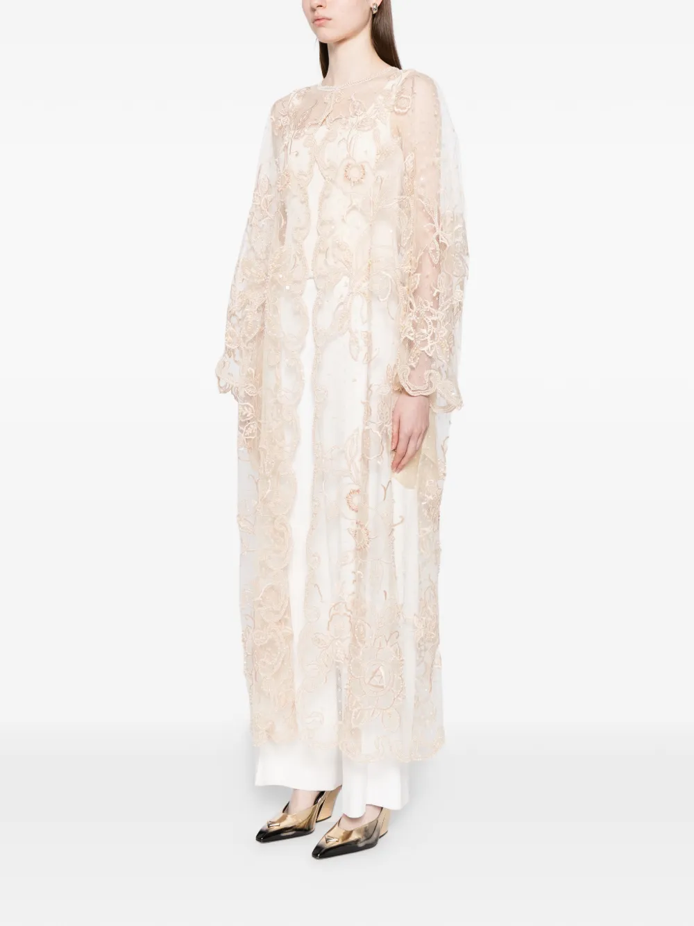  Biyan Floral-embroidered Tulle Coat - Neutrals 