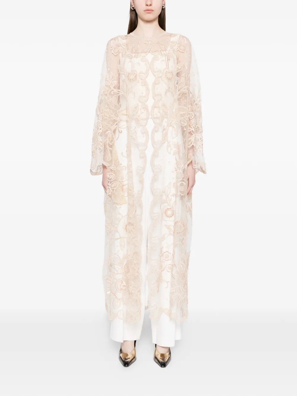 Biyan floral-embroidered tulle coat - Beige
