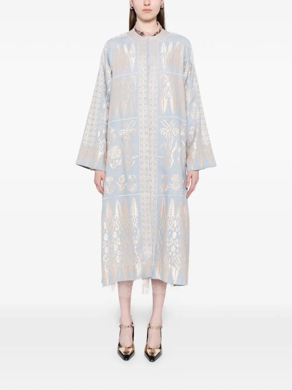 Biyan pattern-embroidered linen dress - Blauw