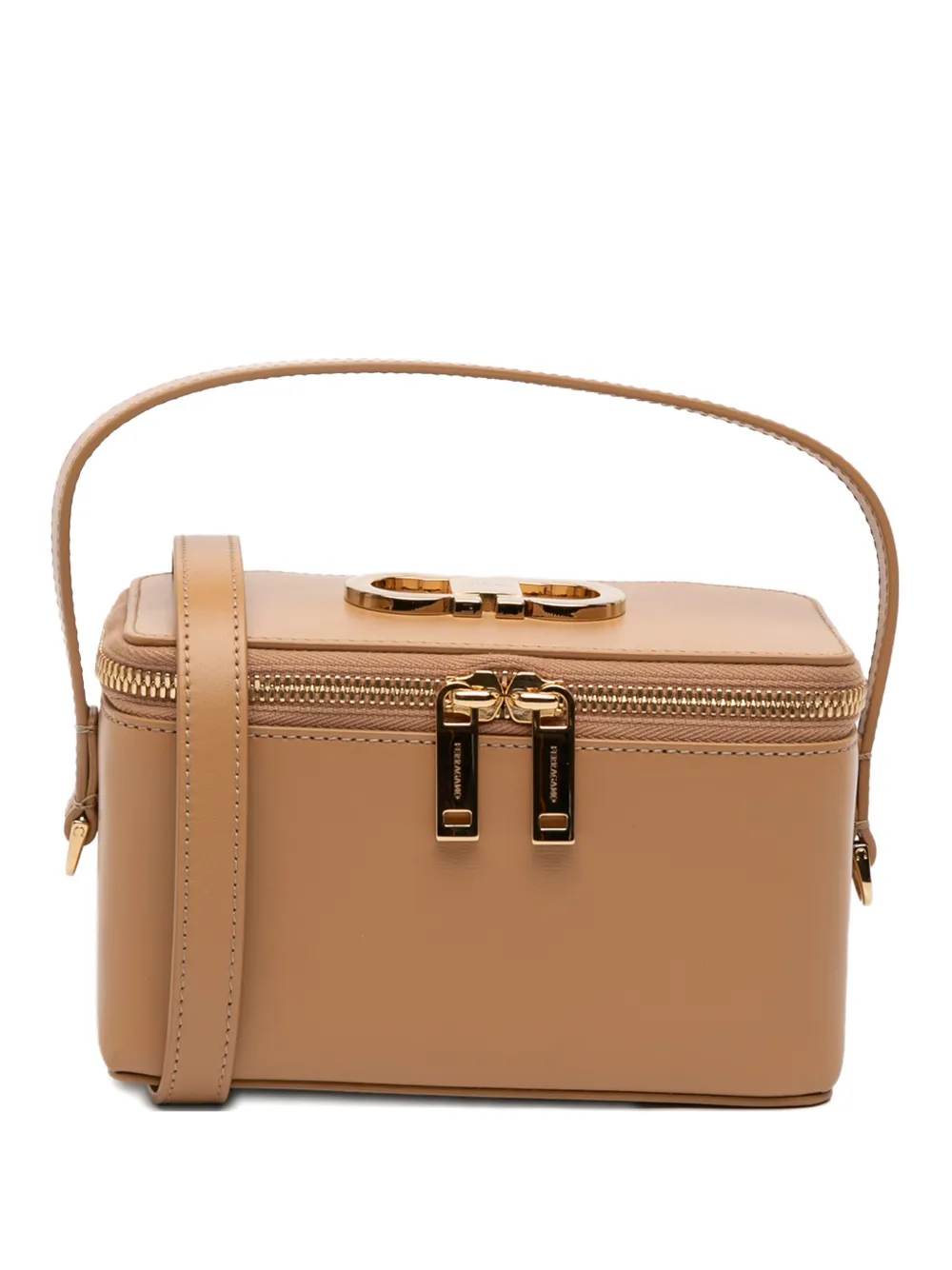 Pre-owned Ferragamo 2000-2025 Leather Double Gancini Vanity Top Handle Bag Satchel In Brown