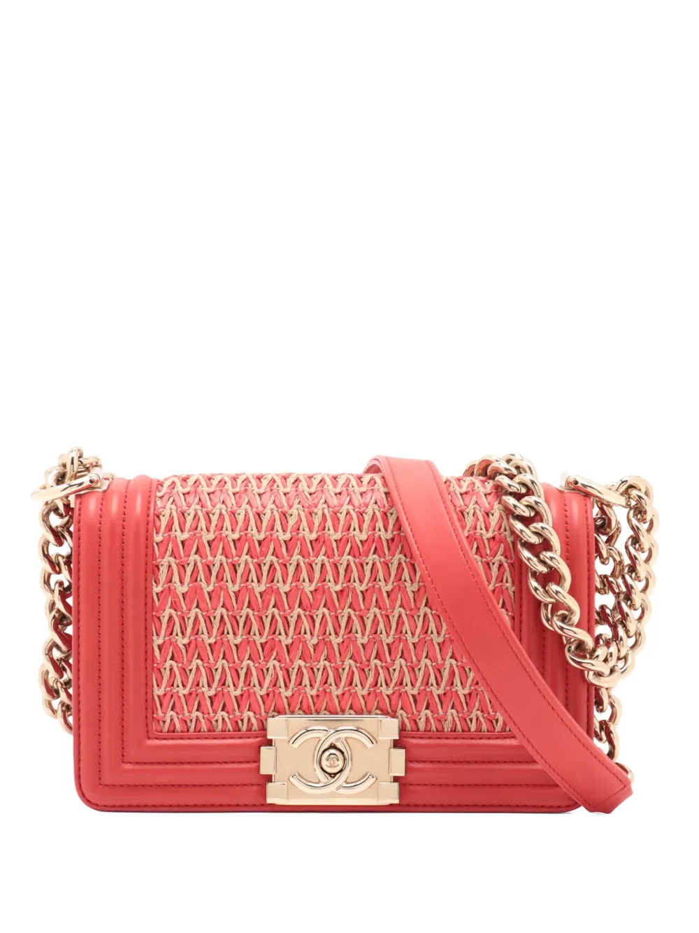 Pre-owned Chanel 2014-2015 Small Straw And Lambskin Boy Flap Shoulder Bag In Red