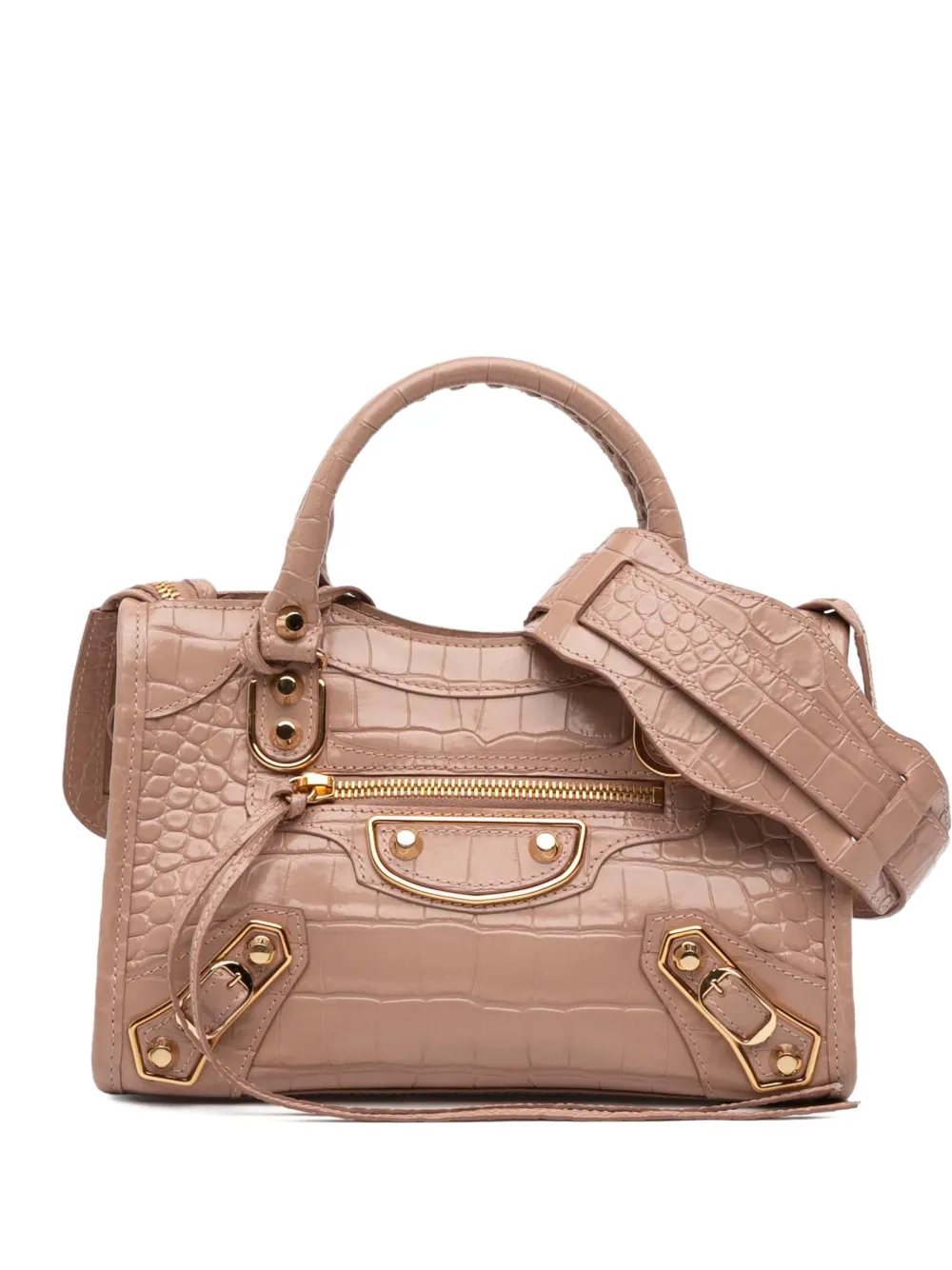 Pre-owned Balenciaga 2021 Mini Croc Embossed Calfskin Motocross Classic Metallic Edge City Satchel In Brown