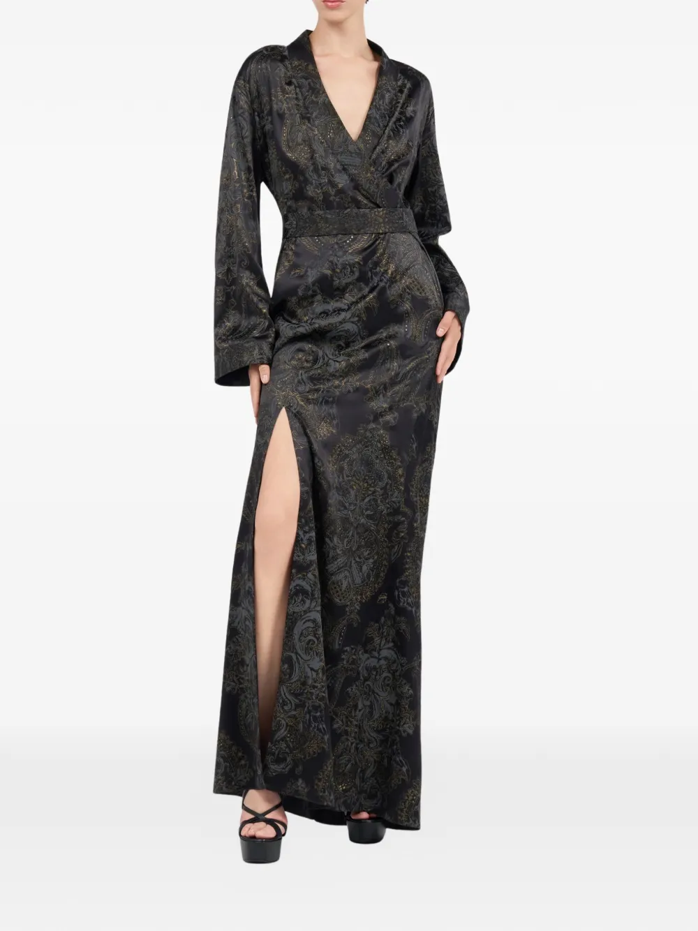 long-sleeved side-slit silk dress