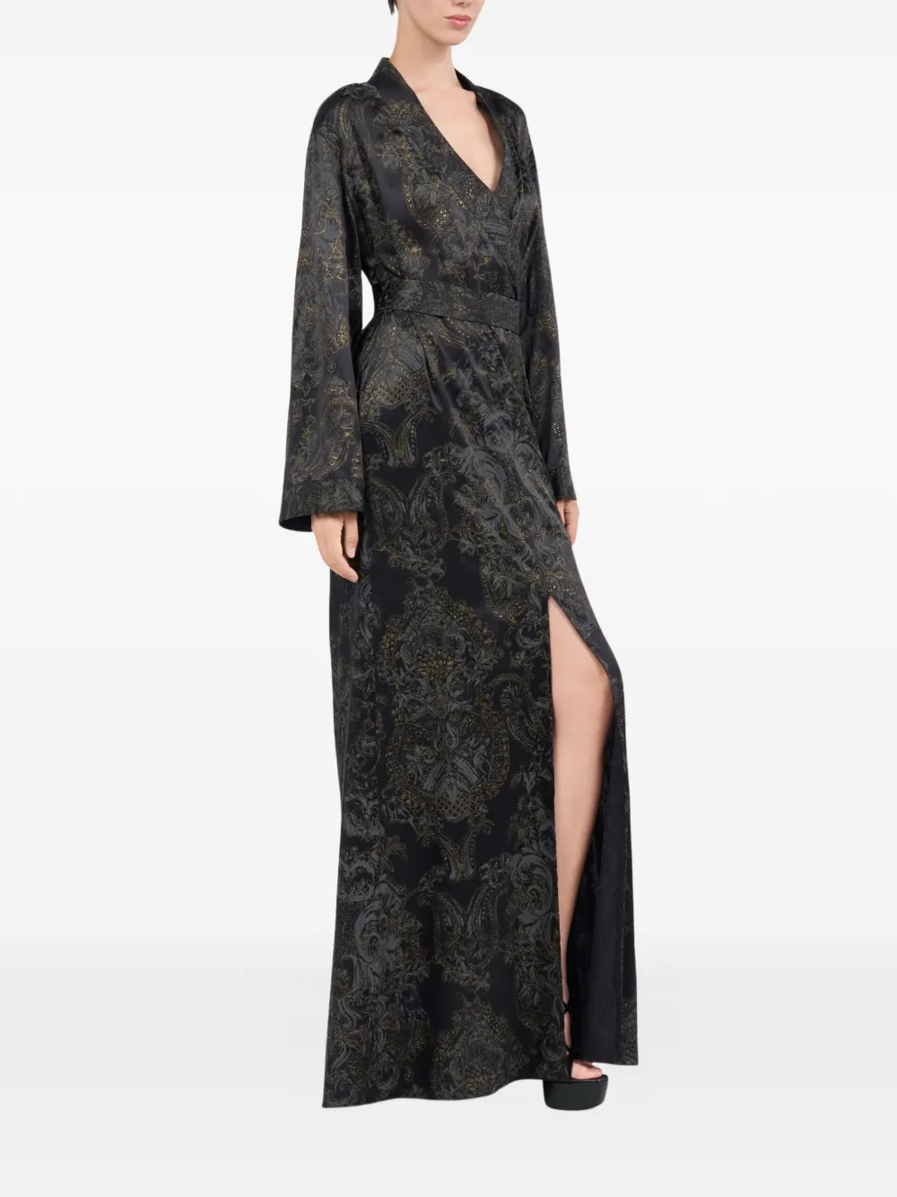 long-sleeved side-slit silk dress