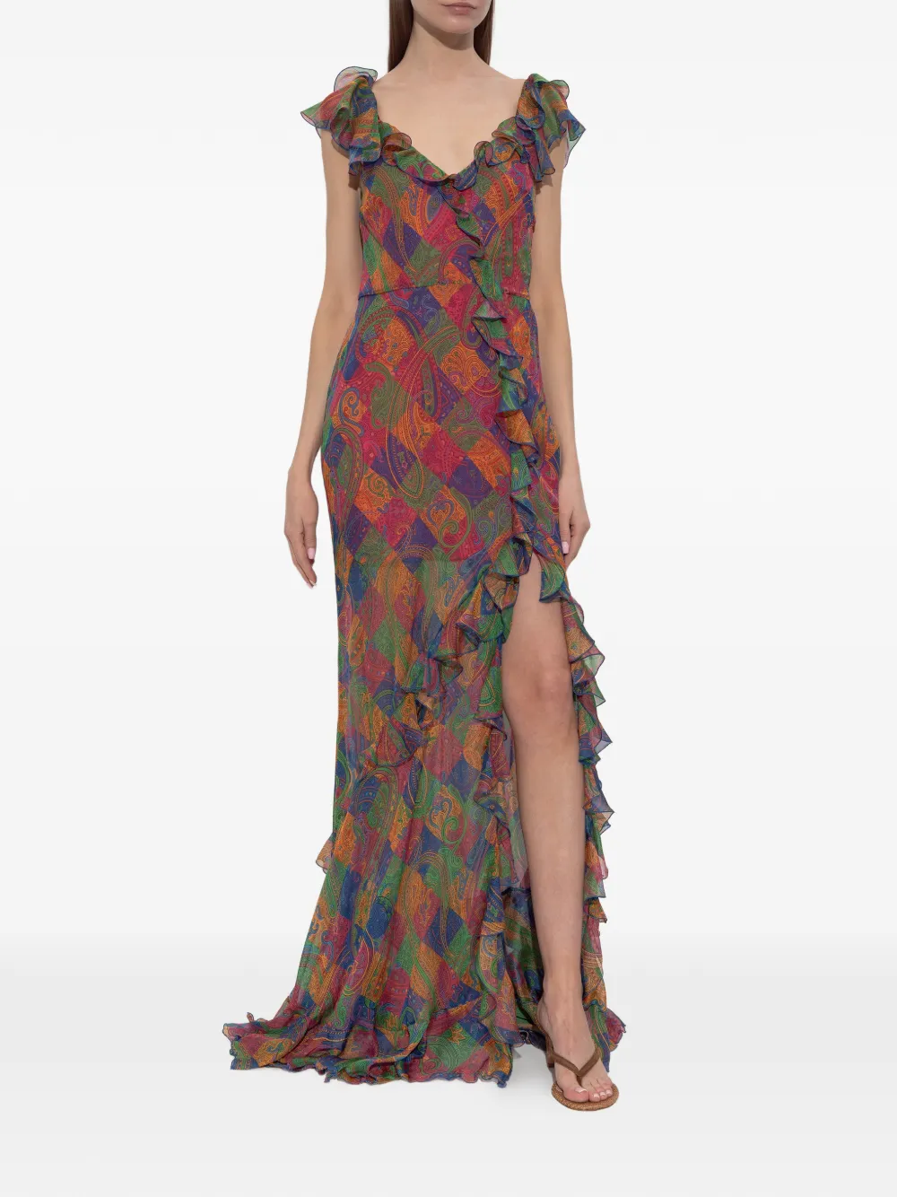 ETRO Zijden maxi-jurk met ruches en paisley-patroon Blauw