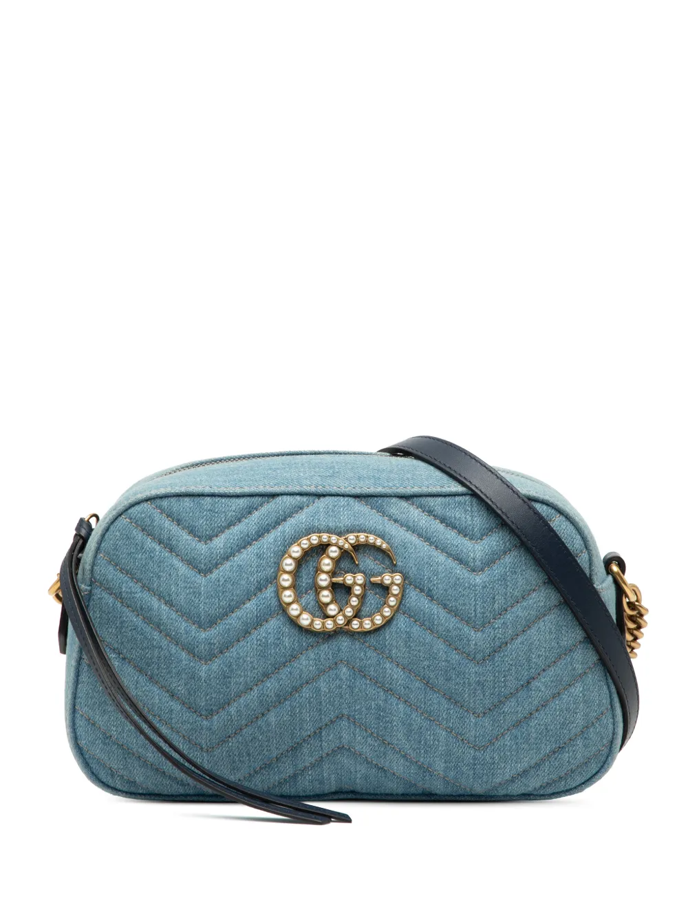 Pre-owned Gucci 2016-2025 Small Gg Marmont Matelasse Denim Pearly Crossbody Bag In Blue