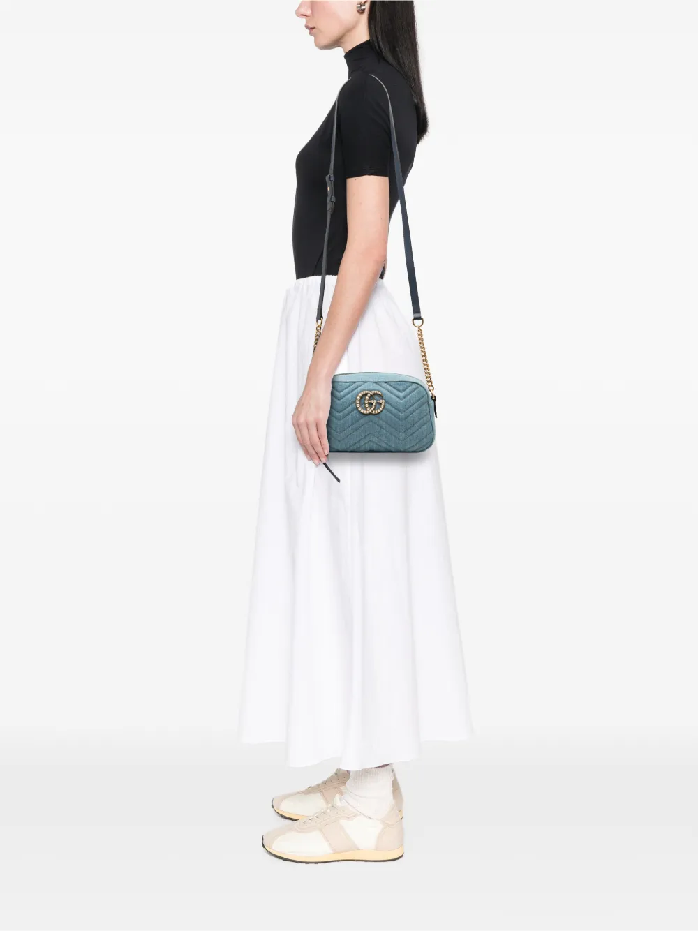 Gucci Pre-owned 2016-2025 Small GG Marmont Matelasse Denim Pearly Crossbody Bag in Blue, view 2