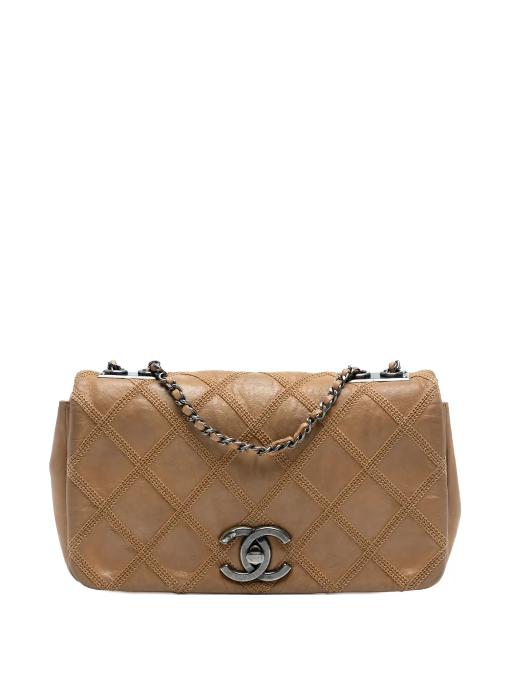 Pre-owned Chanel 2013-2014 Cc Aged Calfskin Diamond Stitch Flap Shoulder Bag In Brown