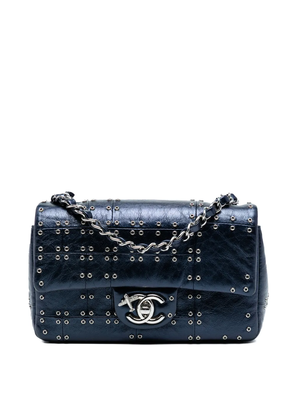 CHANEL Pre-Owned 2016-2017 Mini Rectangular Classic Glazed Calfskin Studded Airlines Single Flap shoulder bag - Blu