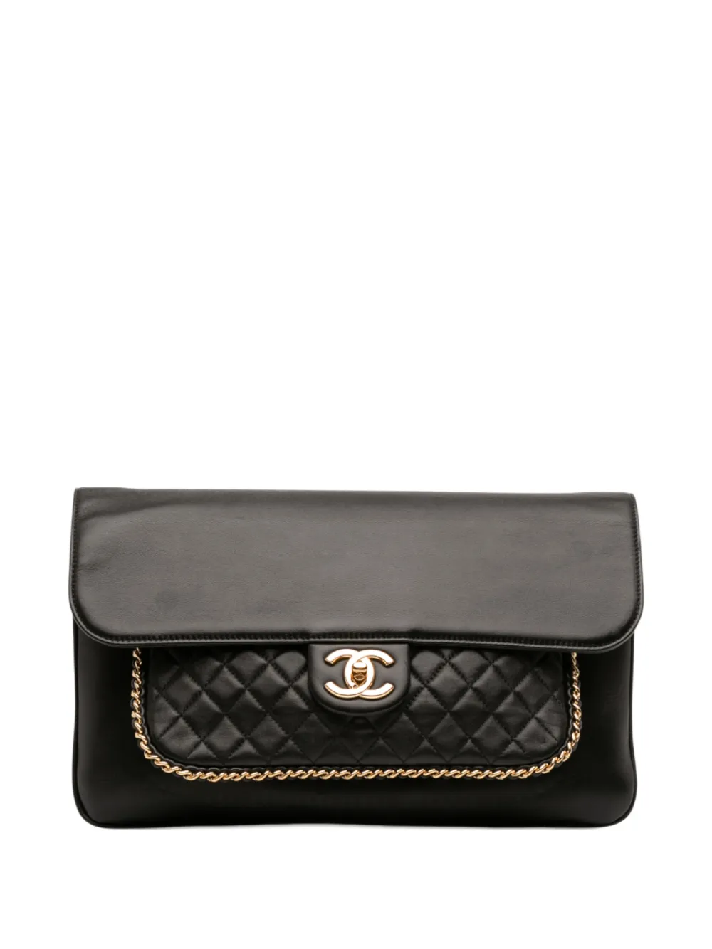 Pre-owned Chanel 2017-2018 Quilted Lambskin Cc Unchained Flap Clutch Bag In Black