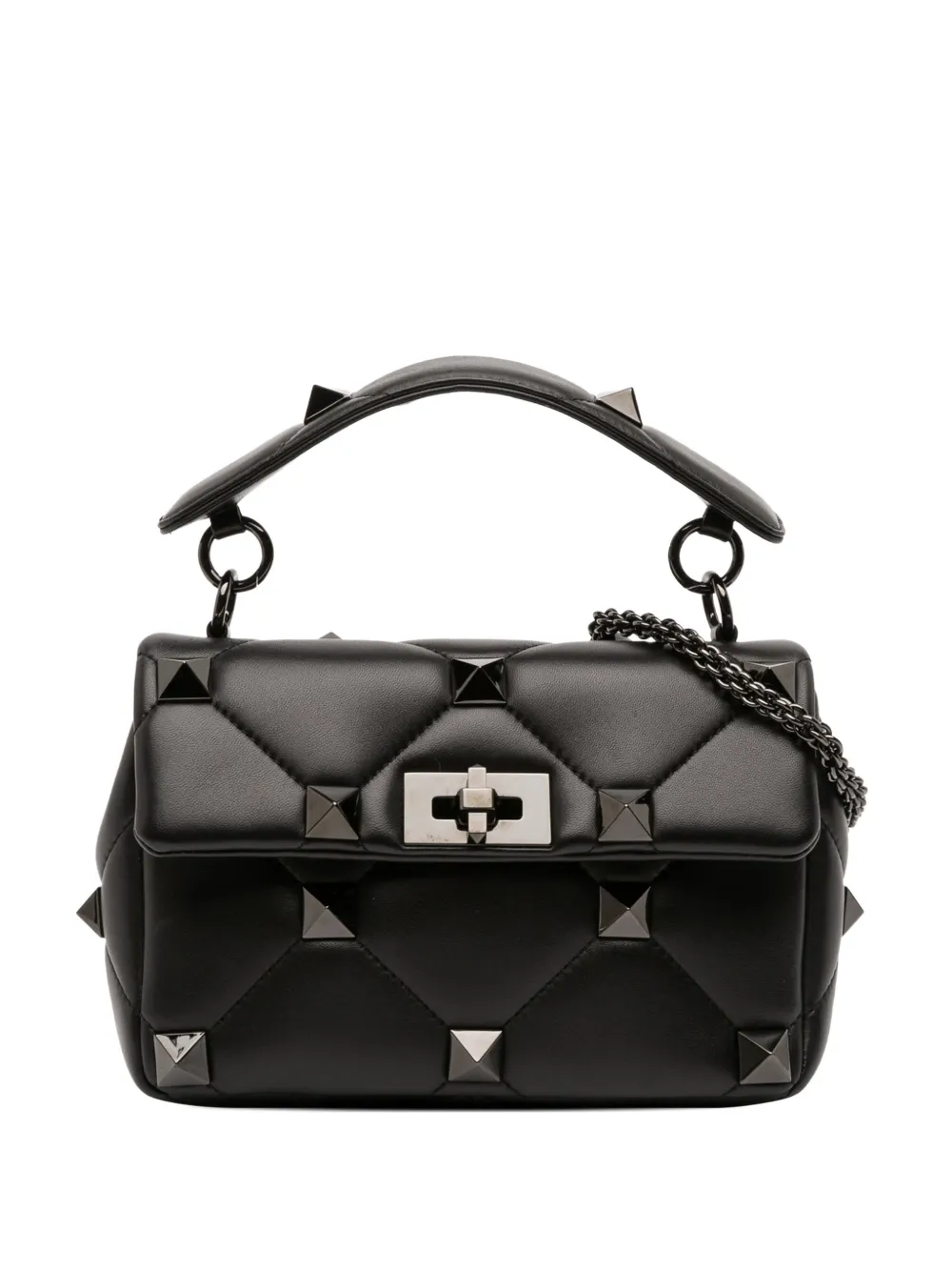 Pre-owned Valentino Garavani 2018-2025 Medium Nappa Monochrome Roman Stud Satchel In Black