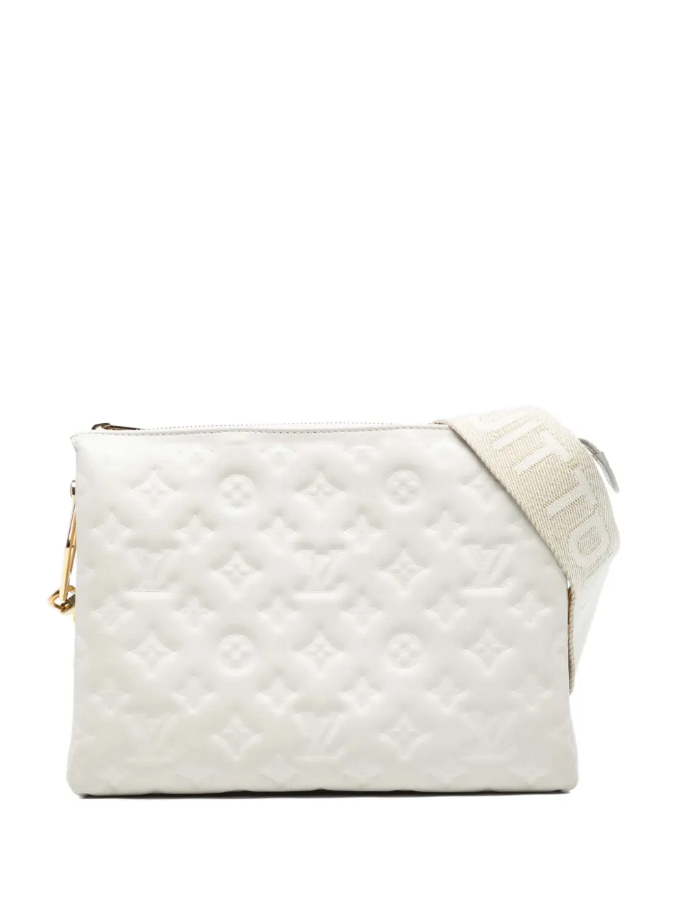 Pre-owned Louis Vuitton 2021 Monogram Embossed Puffy Lambskin Coussin Pm Satchel In White