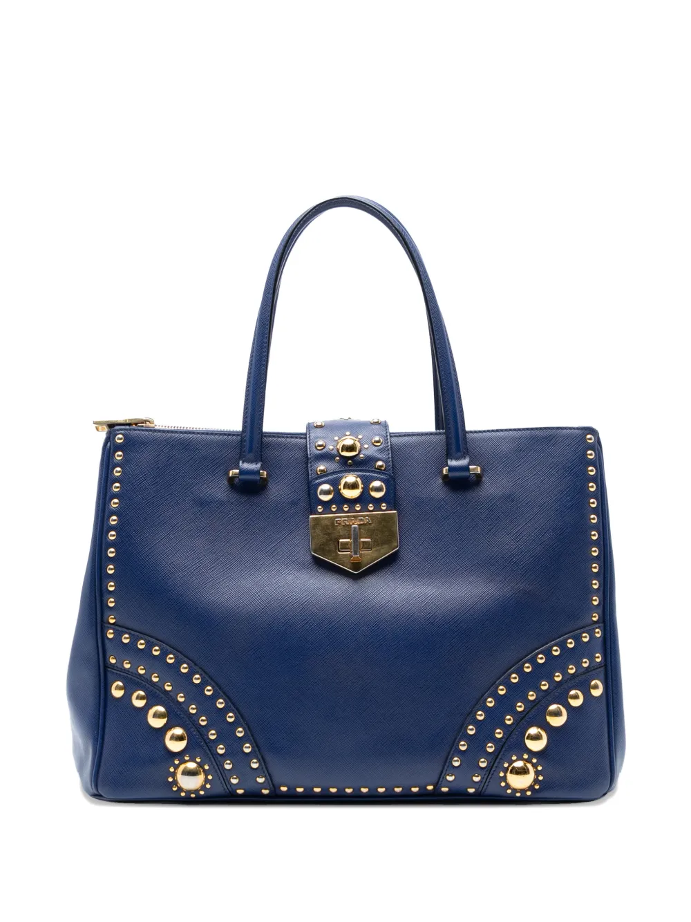 Prada Pre-Owned 2021-2025 Saffiano Turnlock Double Zip Studded Tote satchel | Blue | Image 1
