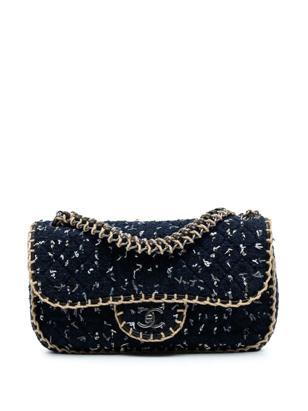 Pre-owned Chanel 2010-2011 Quilted Tweed St Tropez Flap Shoulder Bag In Blue