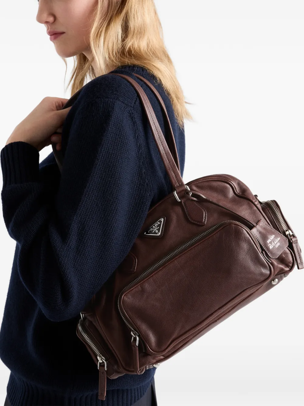 Prada Large Leather Zip Tote Bag In Brown