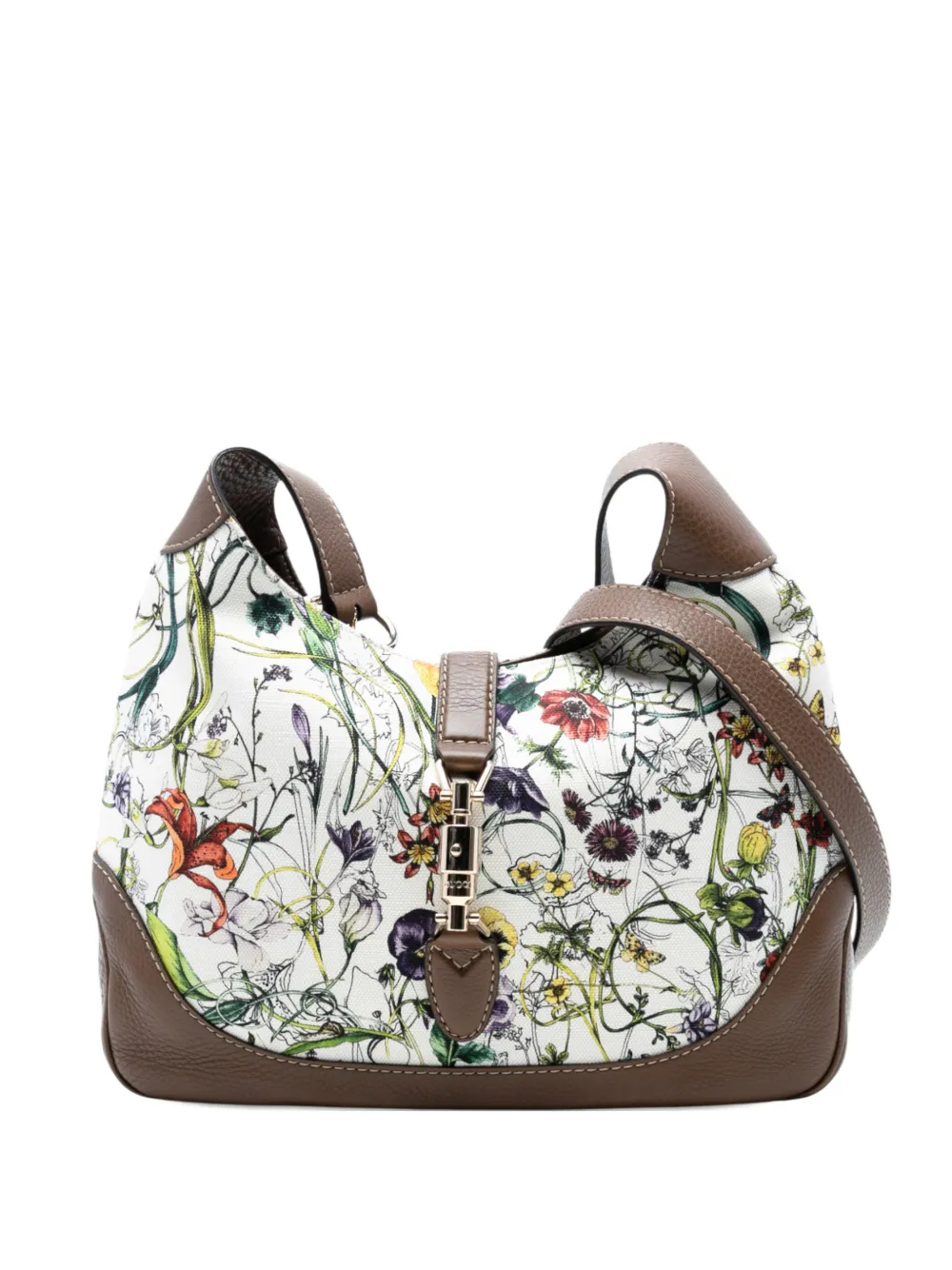 Pre-owned Gucci 2016-2025 Flora Canvas Jackie O Bouvier Crossbody Bag In White