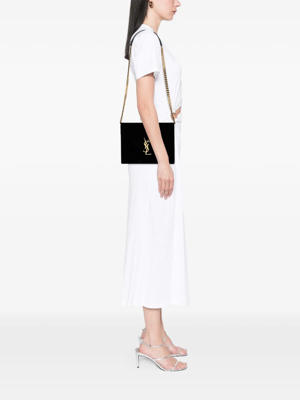 Pre-owned Saint Laurent 2014 Medium Chevron Velvet Monogram Envelope Bag Shoulder Bag In Black