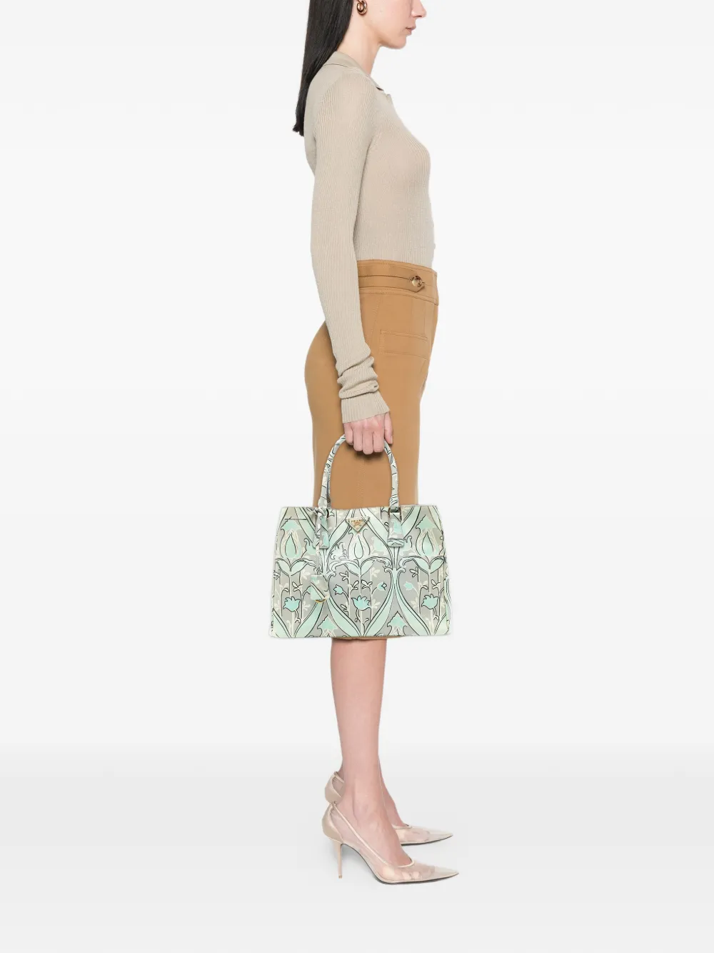 Pre-owned Prada 2010-2025 Medium Saffiano Floral Print Galleria Satchel In Green