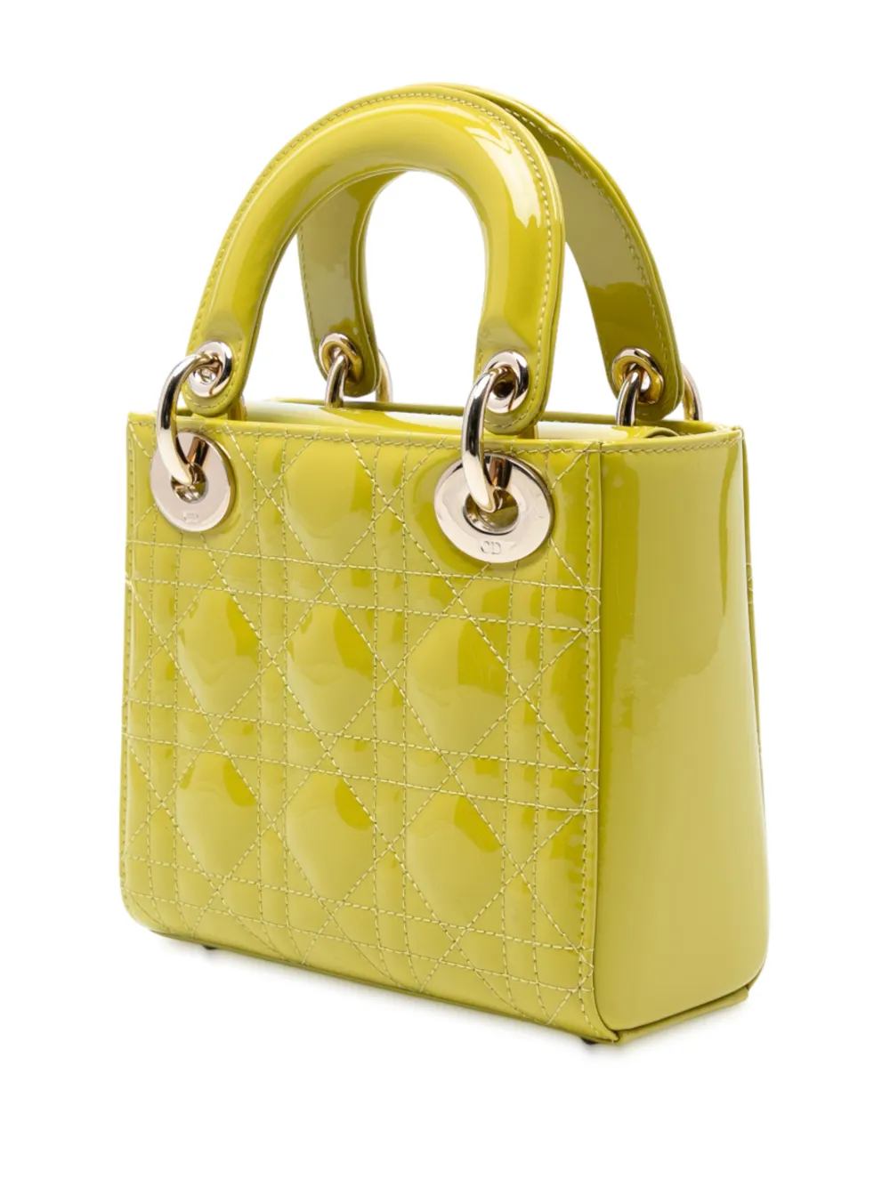 Pre-owned Dior 2021 Mini Patent Cannage Lady  Satchel In Yellow