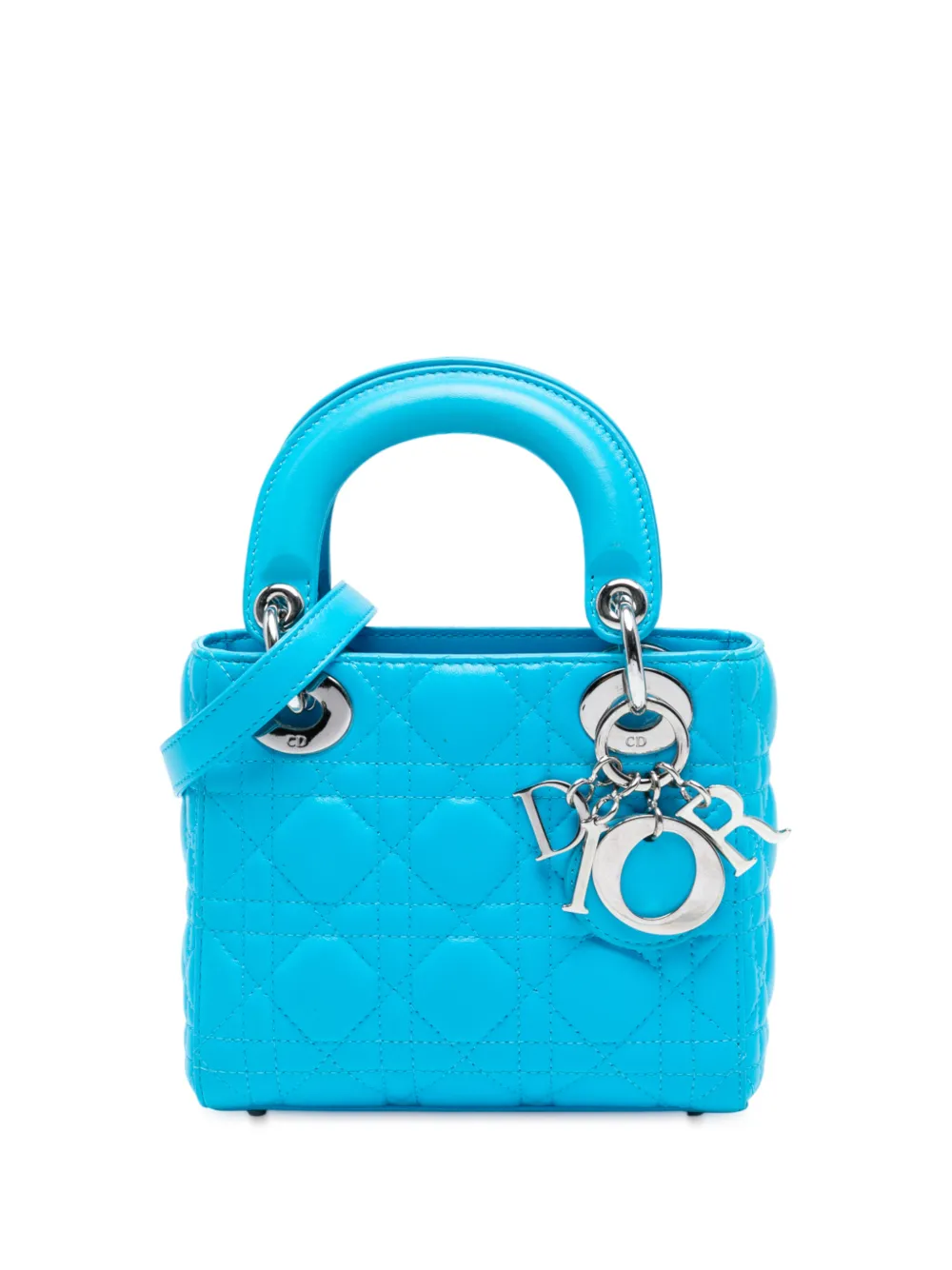Pre-owned Dior 2014 Mini Lambskin Cannage Lady  Satchel In Blue