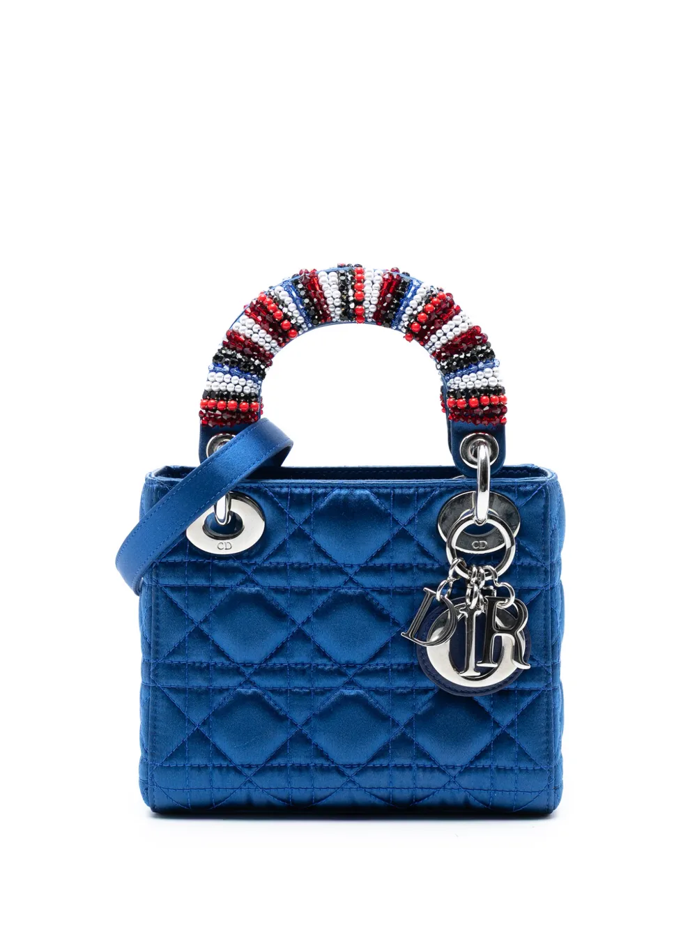 Pre-owned Dior 2014 Mini Satin Cannage Beaded Handle Lady Satchel In Blue
