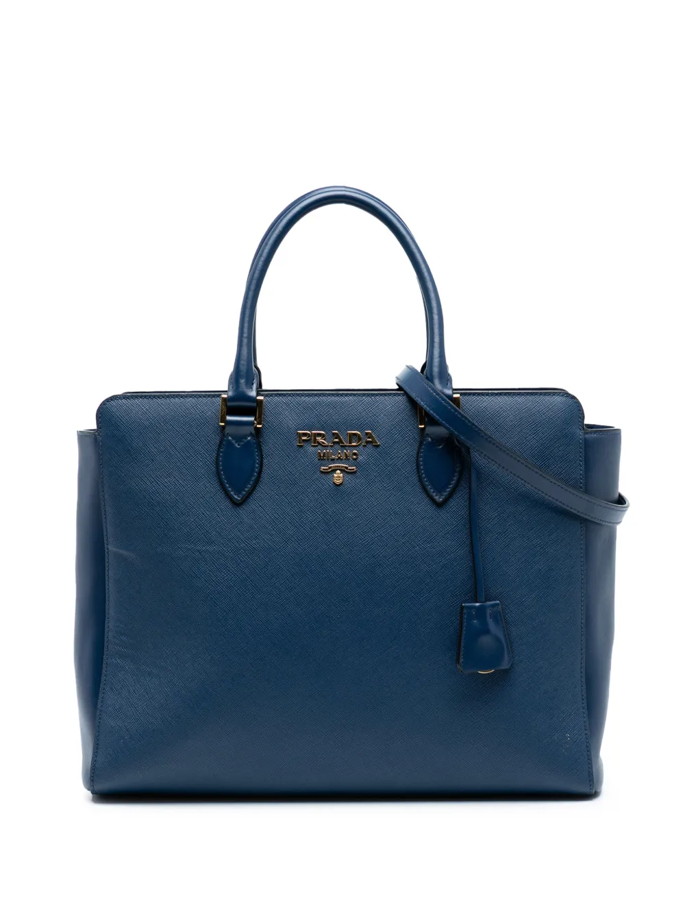 Pre-owned Prada 2010-2025 Soft Calf Trimmed Saffiano Zippered Convertible Tote Satchel In Blue