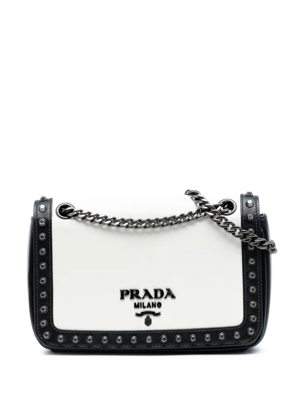 Pre-owned Prada 2000-2025 Small Studded Glace Calf Chain Flap Shoulder Bag In White