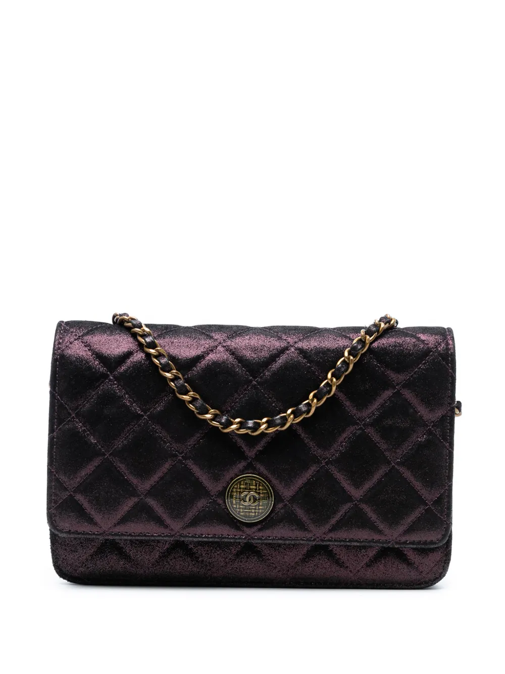 Pre-owned Chanel 2013-2014 Quilted Iridescent Lambskin Tartan Button Wallet On Chain Crossbody Bag In Purple