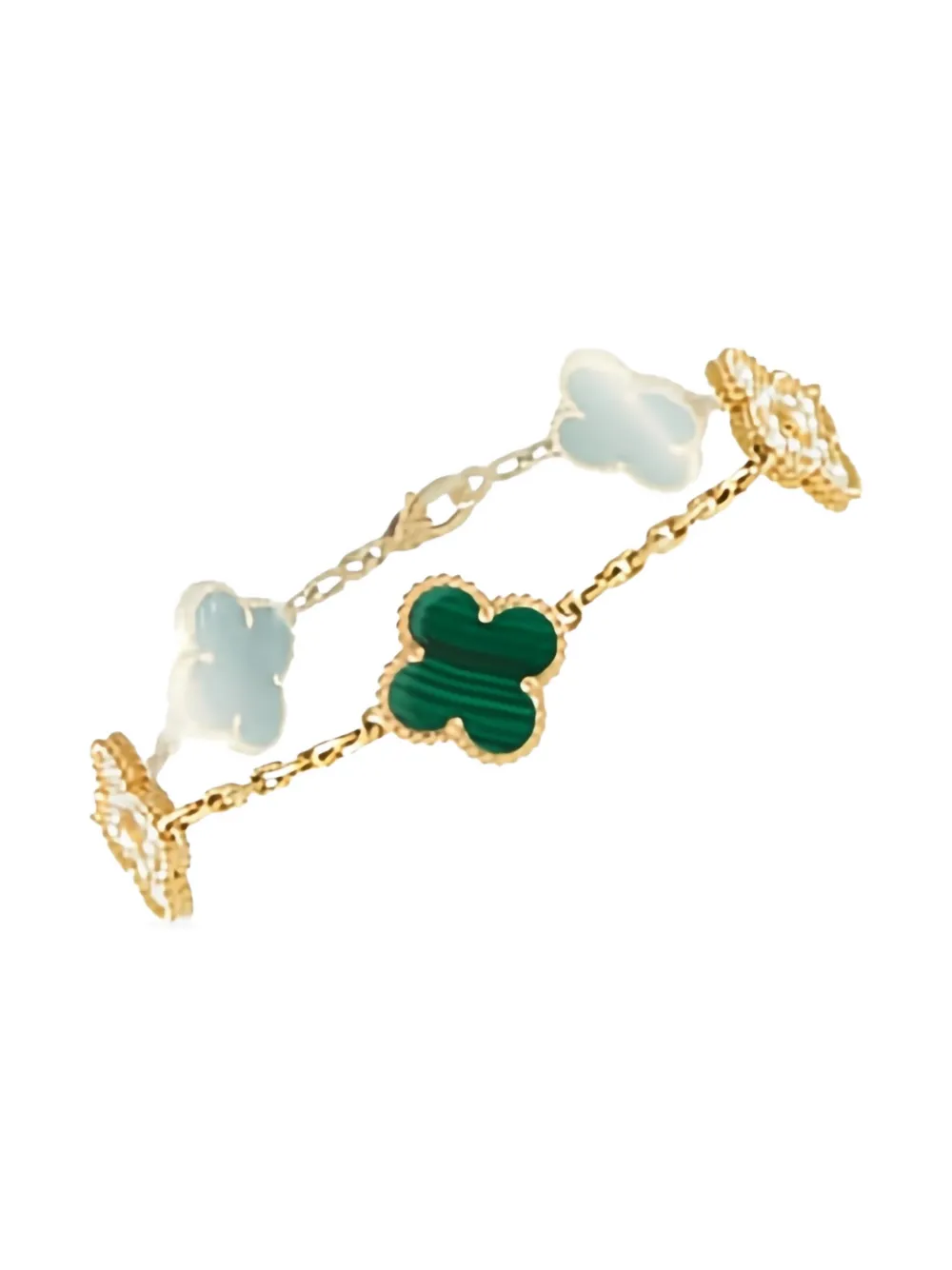 Pre-owned Van Cleef & Arpels 18k Yellow Gold Vintage Alhambra Diamond And Malachite Bracelet