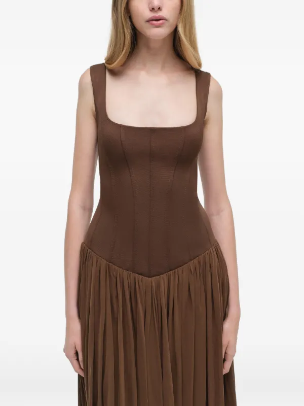 simkhai brown dress Selena Sheer Plisse Midi Dress  SIMKHAI