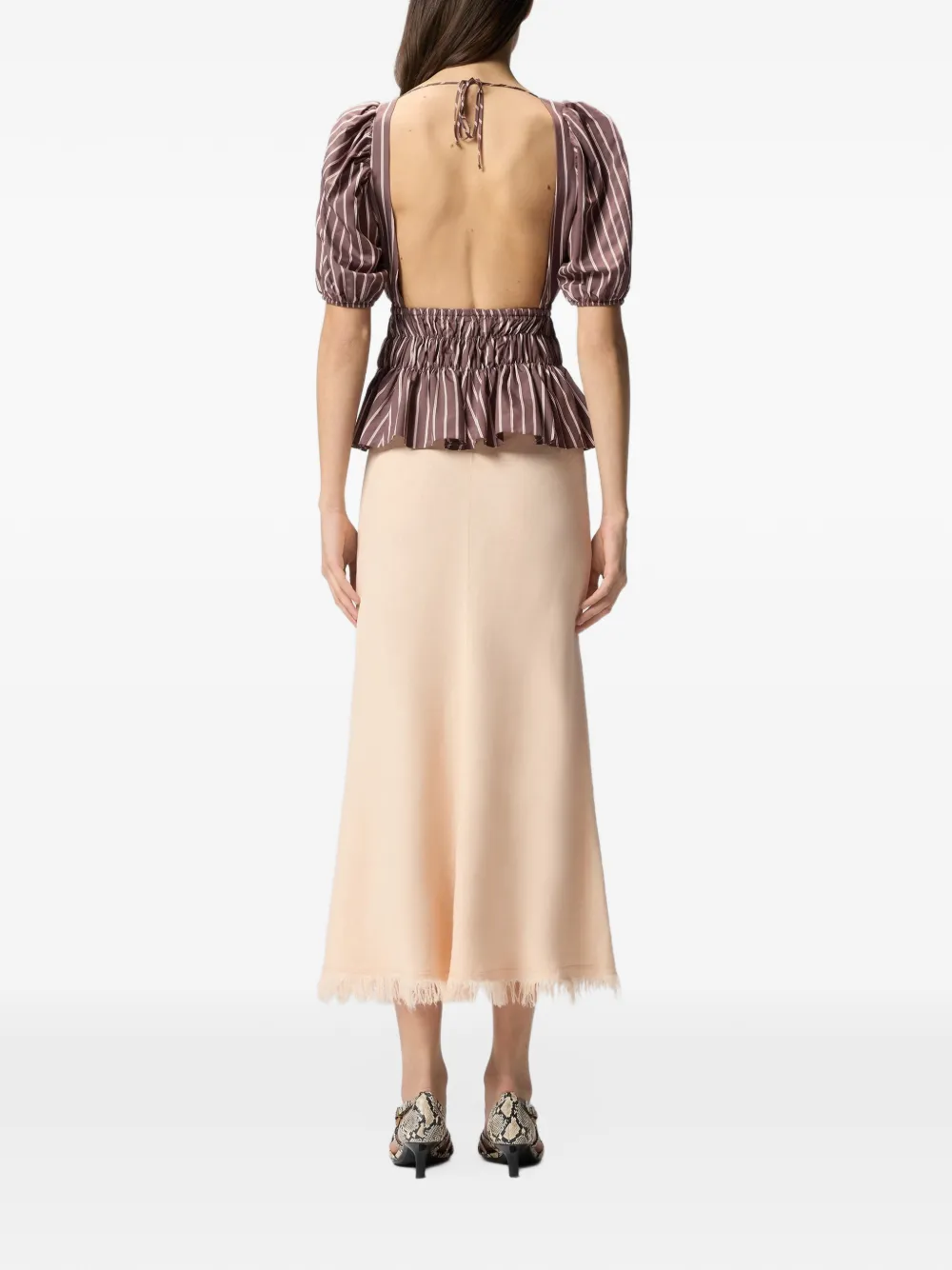PINKO Gestreepte blouse met ruches Bruin