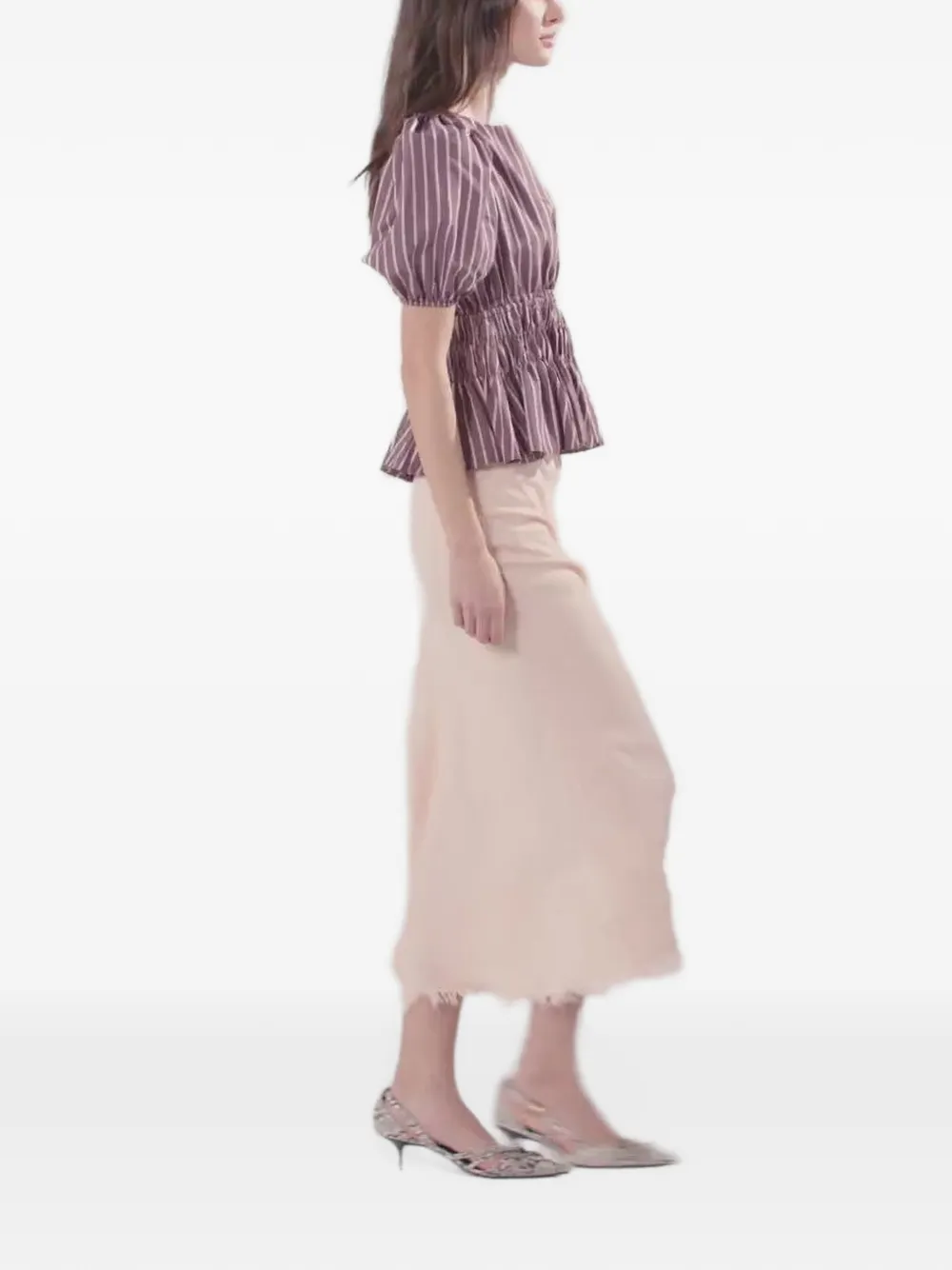 PINKO Gestreepte blouse met ruches Bruin