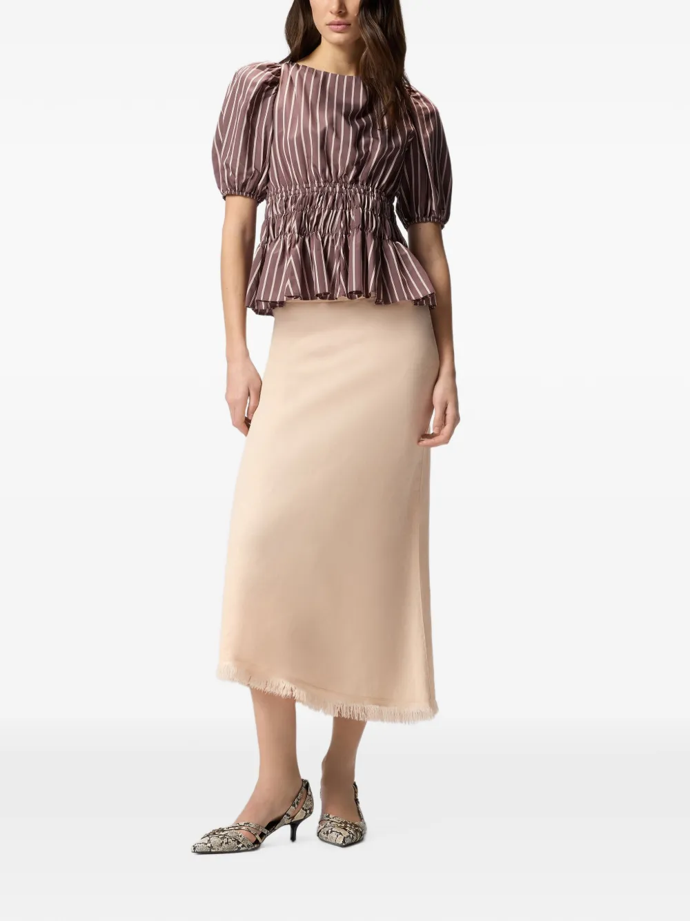 PINKO Gestreepte blouse met ruches Bruin