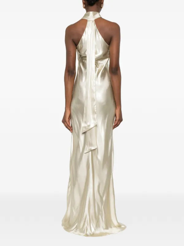 galvan pandora halterneck satin maxi dress Galvan London | Galvanized Pandora Gown | Champagne