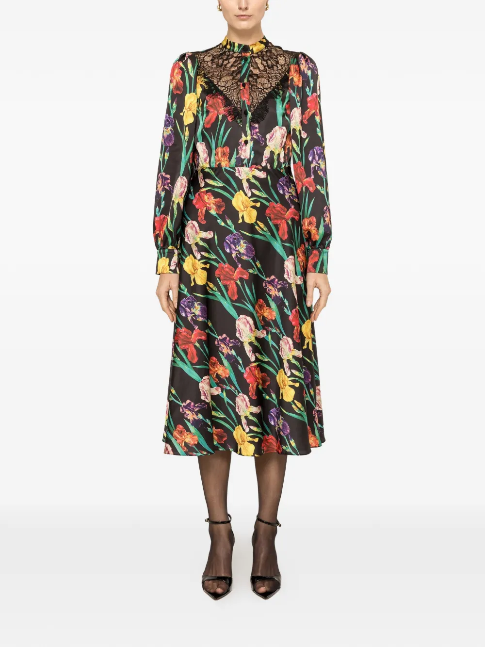  Nissa Lace-insert Printed Midi Dress - Black 