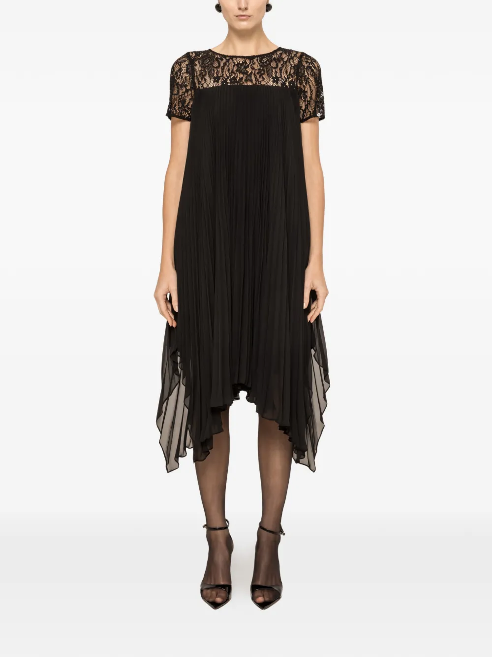 NISSA lace-panel pleated midi dress - Nero