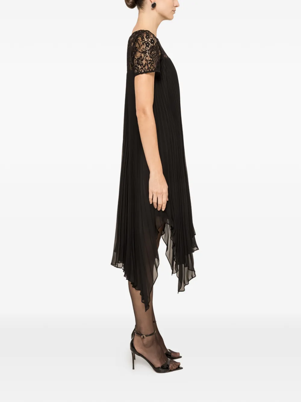 NISSA lace-panel pleated midi dress - Zwart
