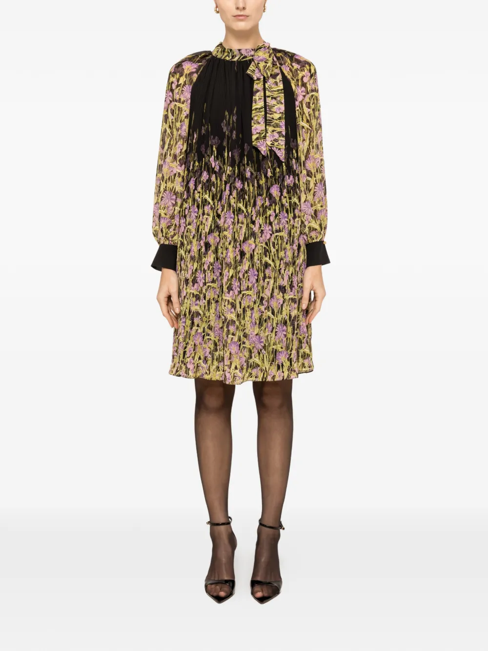 NISSA pleated floral-print mini dress - Nero