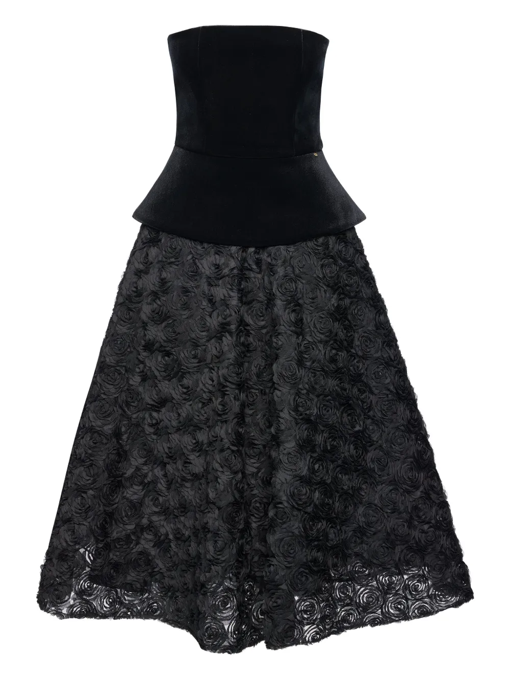 Nissa Petal-layered Velvet Midi Dress In Black