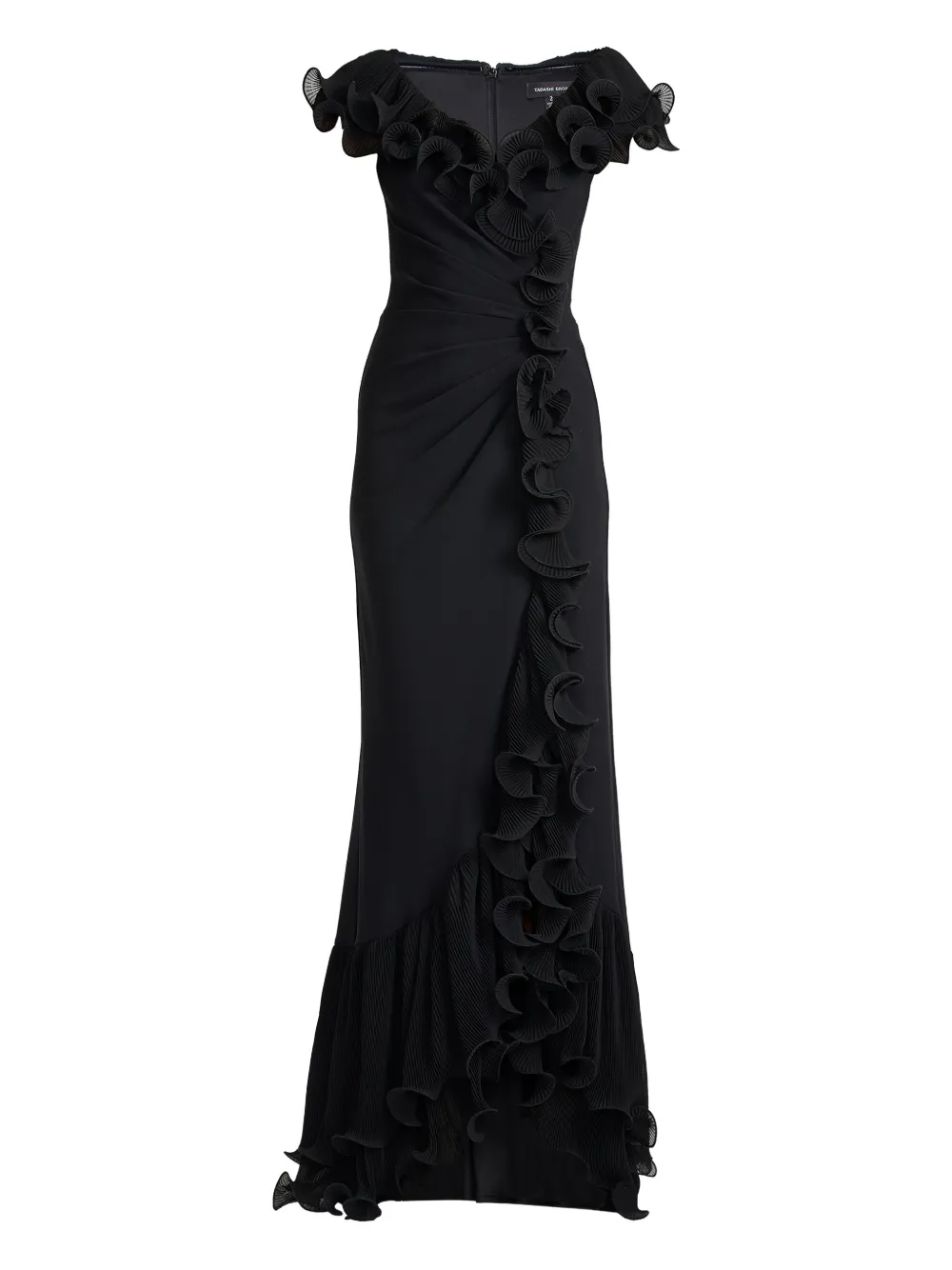 Tadashi Shoji Abito lungo con ruches - Nero