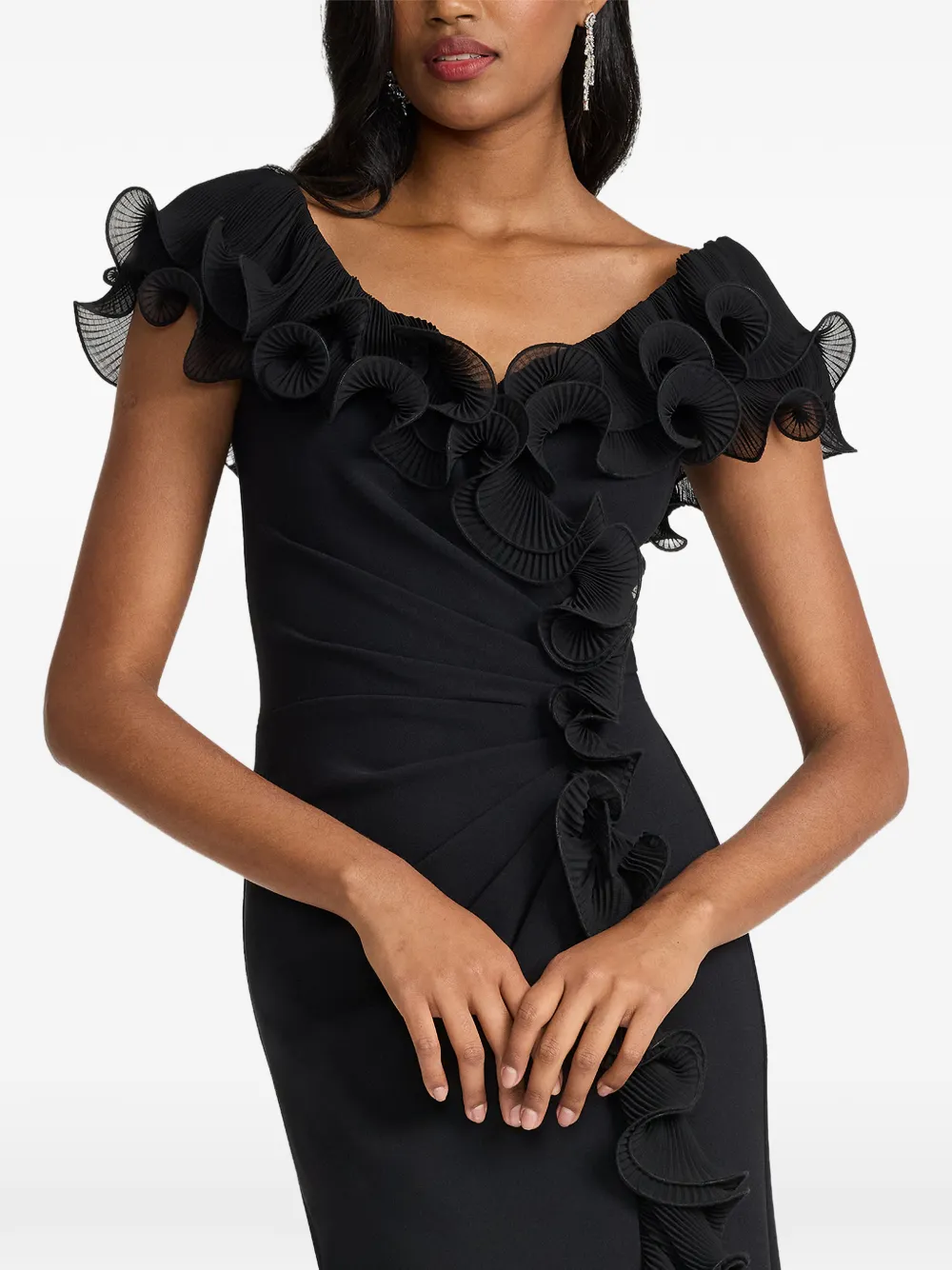 Tadashi Shoji Geplooide maxi-jurk met ruches Zwart