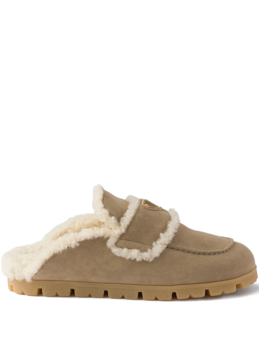 Prada Shearling Logo-plaque Mules In Neutral